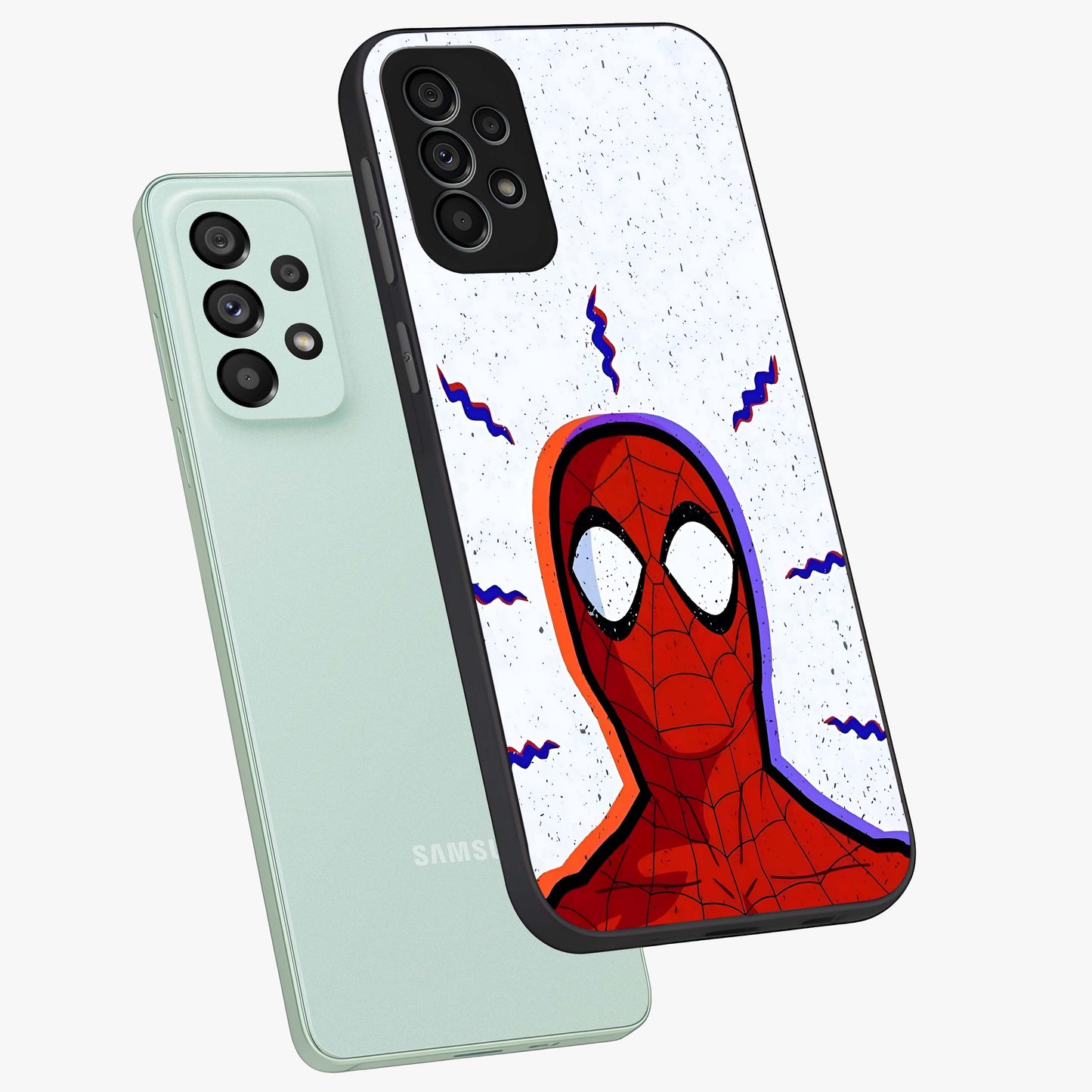 Omg Spiderman Glass Case displayed in angled mockup highlighting dynamic hero illustration with action comic aesthetic.