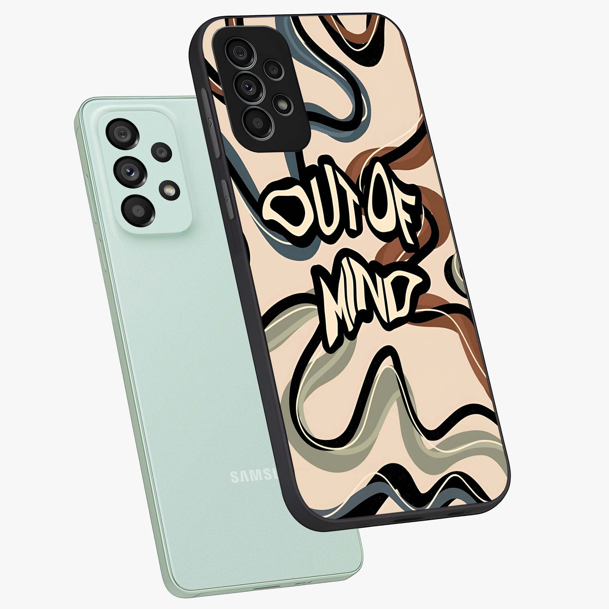 Out Of Mind Glass Case displayed in angled mockup highlighting bold statement design with modern artistic aesthetic.