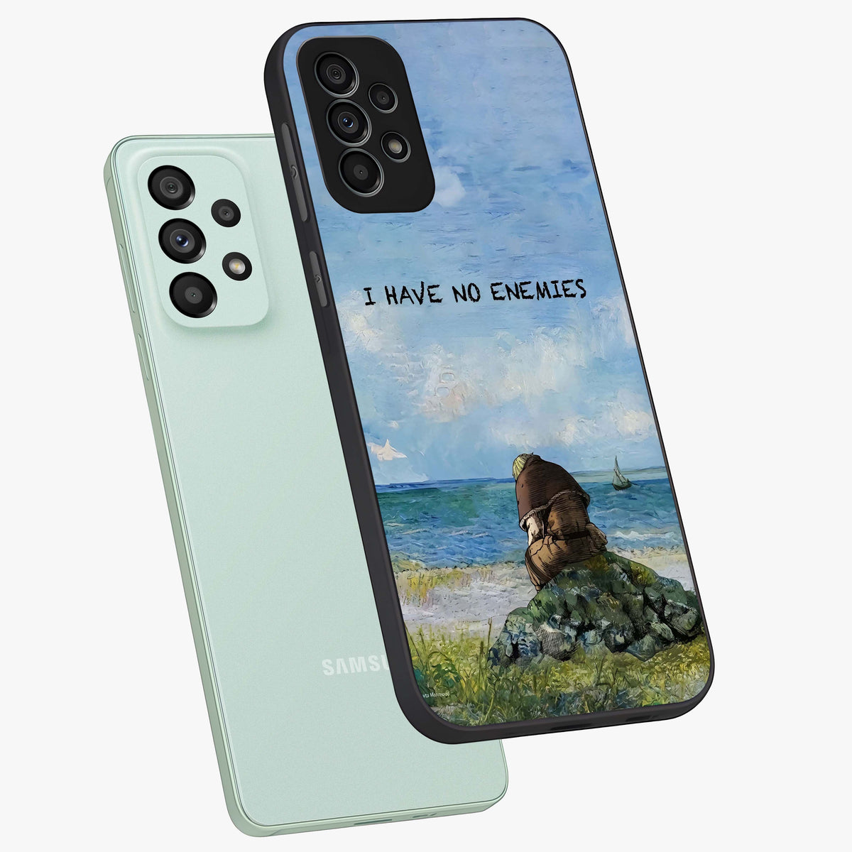 Peace Beyond War Glass Case displayed in angled mockup highlighting meaningful message design with artistic aesthetic style.