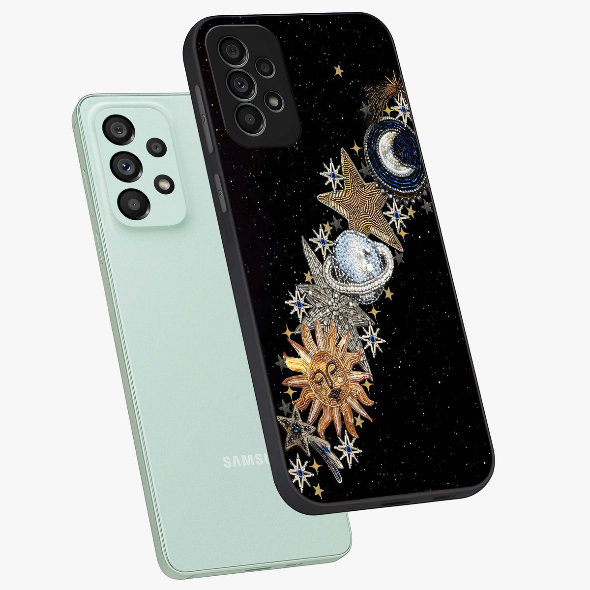 Pearls Universe Object Glass Case displayed in angled mockup highlighting celestial pearl design with dreamy aesthetic.