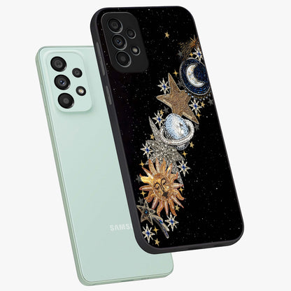Pearls Universe Object Glass Case displayed in angled mockup highlighting celestial pearl design with dreamy aesthetic.