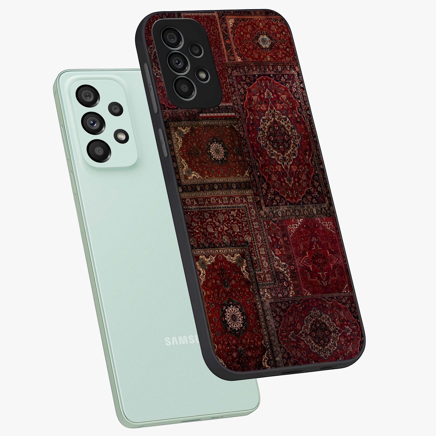 Persian Velvet Tale Glass Case displayed in angled mockup highlighting ornate textile inspired design with royal aesthetic.