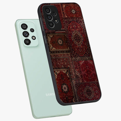 Persian Velvet Tale Glass Case displayed in angled mockup highlighting ornate textile inspired design with royal aesthetic.
