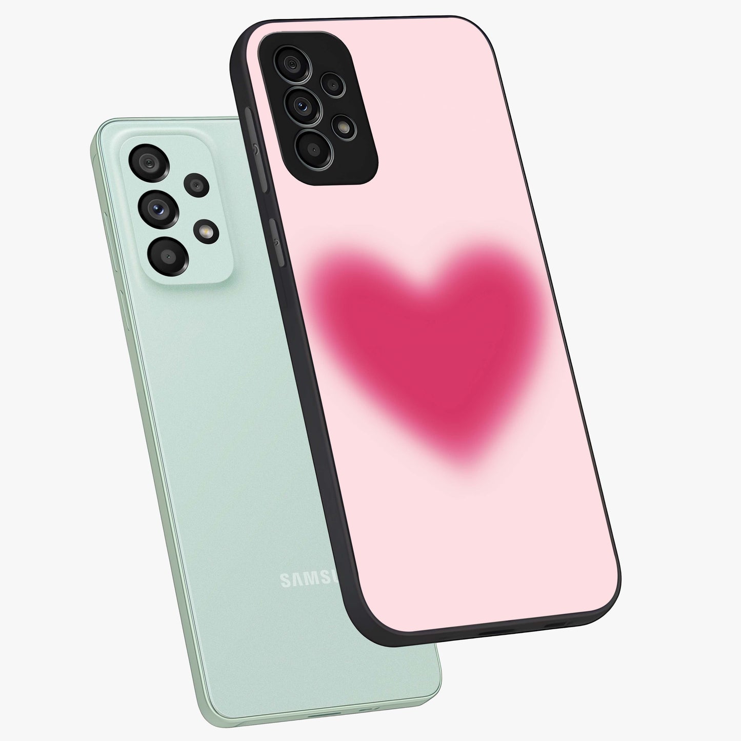 Pink Aura Heart Glass Case displayed in angled mockup highlighting vibrant pink heart design with dreamy aura aesthetic.
