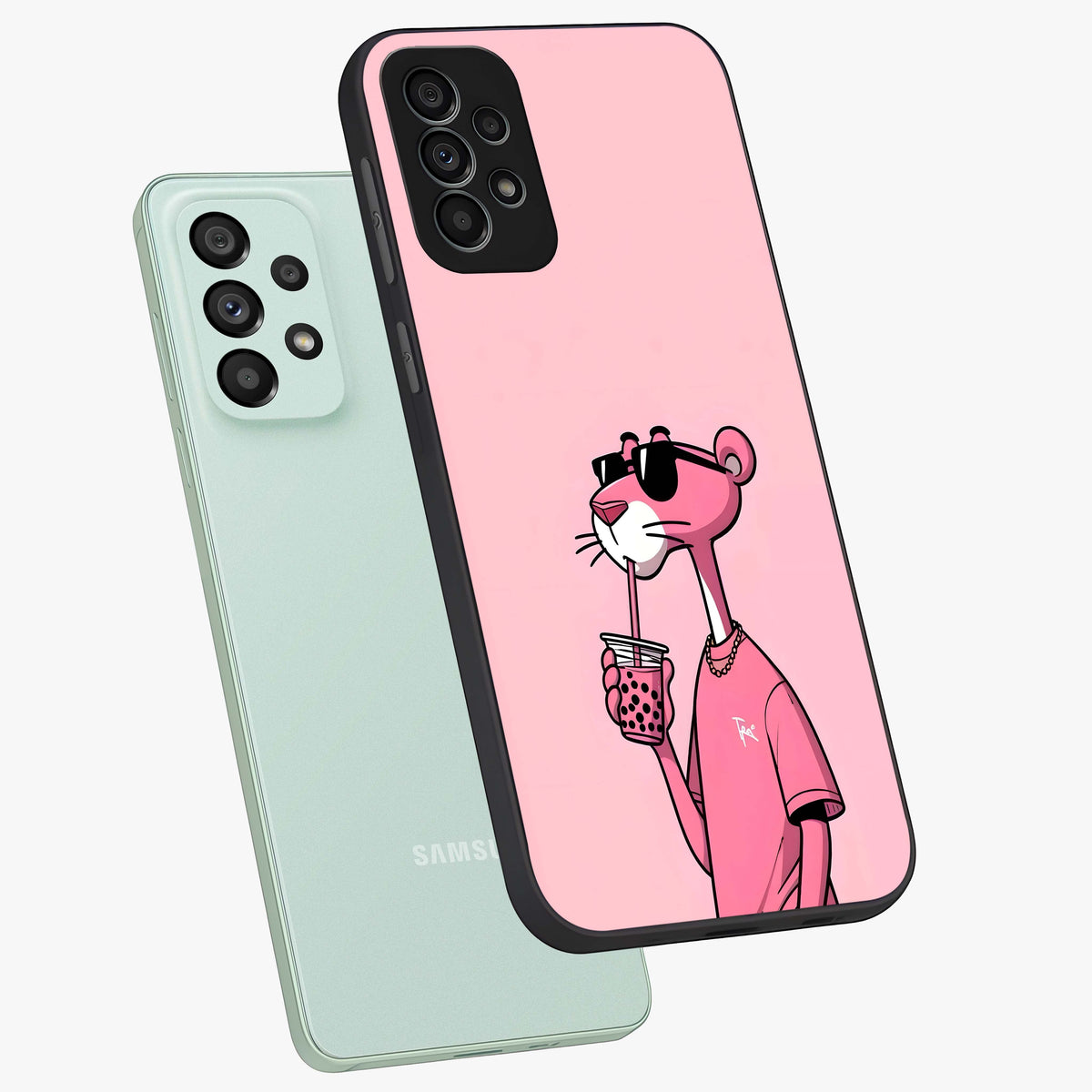 Pink Panther Glass Case displayed in angled mockup highlighting playful cartoon character design with vibrant pink aesthetic.