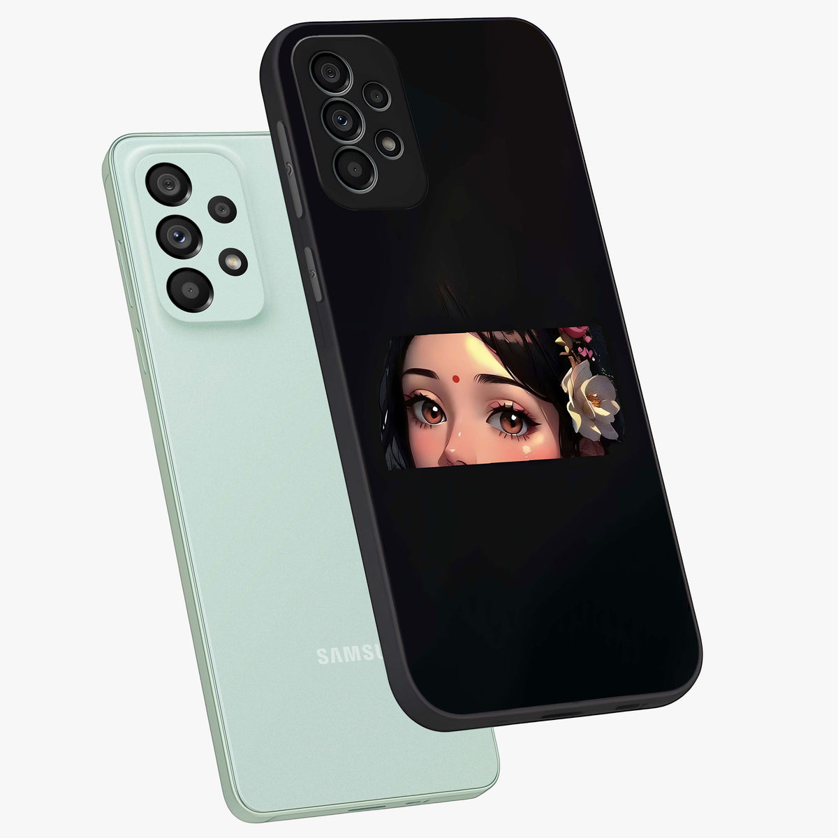 Radha Divine Embrace Glass Case displayed in angled mockup highlighting graceful spiritual illustration with divine aesthetic.