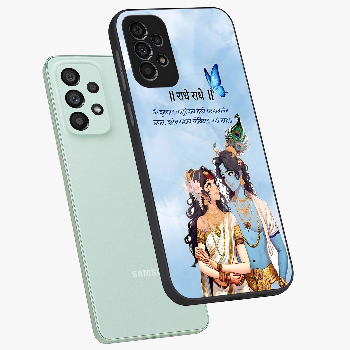 Radha Krishna Eternal Glass Case displayed in angled mockup highlighting divine Radha Krishna illustration with spiritual aesthetic.