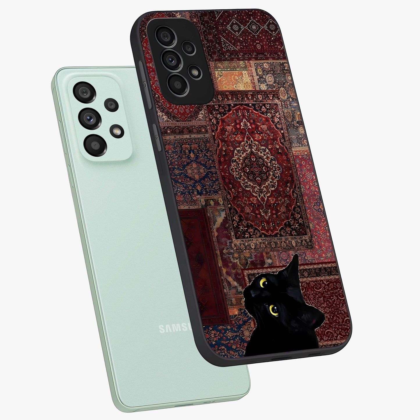 Regal Magic Cat Apple Glass Case displayed in angled mockup highlighting whimsical feline design with fantasy aesthetic.