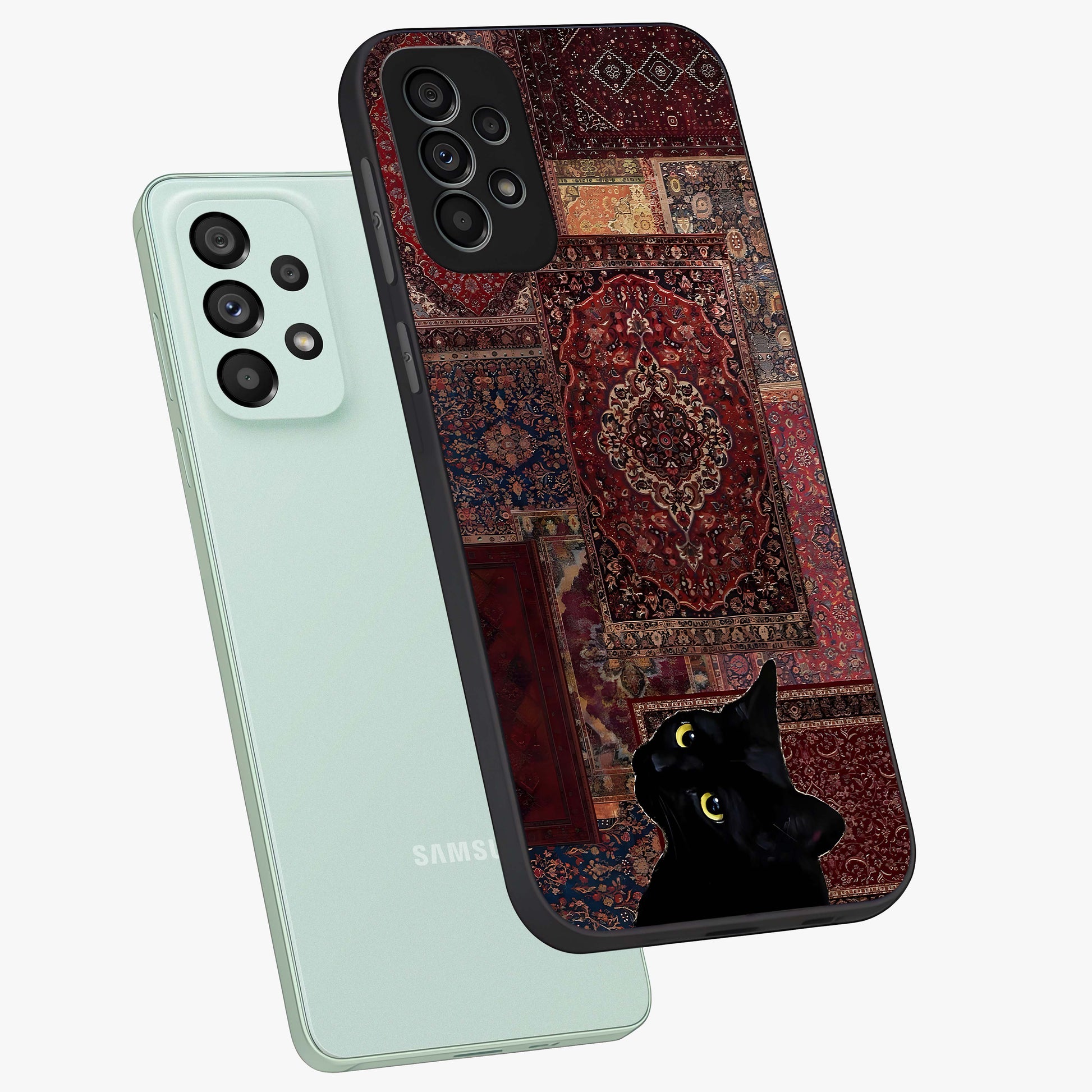 Regal Magic Cat Apple Glass Case displayed in angled mockup highlighting whimsical feline design with fantasy aesthetic.