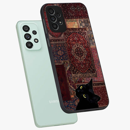 Regal Magic Cat Apple Glass Case displayed in angled mockup highlighting whimsical feline design with fantasy aesthetic.