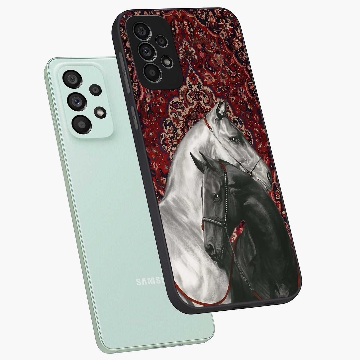 Regal Stallion Tapestry Glass Case displayed in angled mockup highlighting royal stallion design with decorative heritage aesthetic.