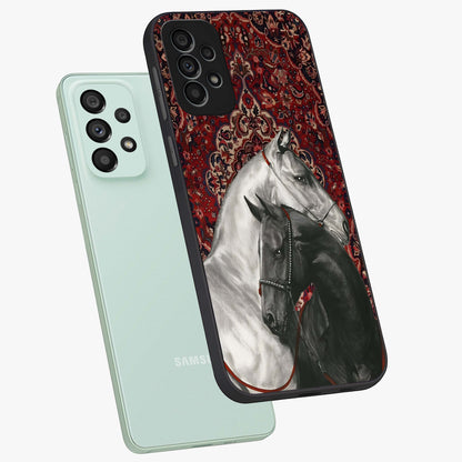 Regal Stallion Tapestry Glass Case displayed in angled mockup highlighting royal stallion design with decorative heritage aesthetic.