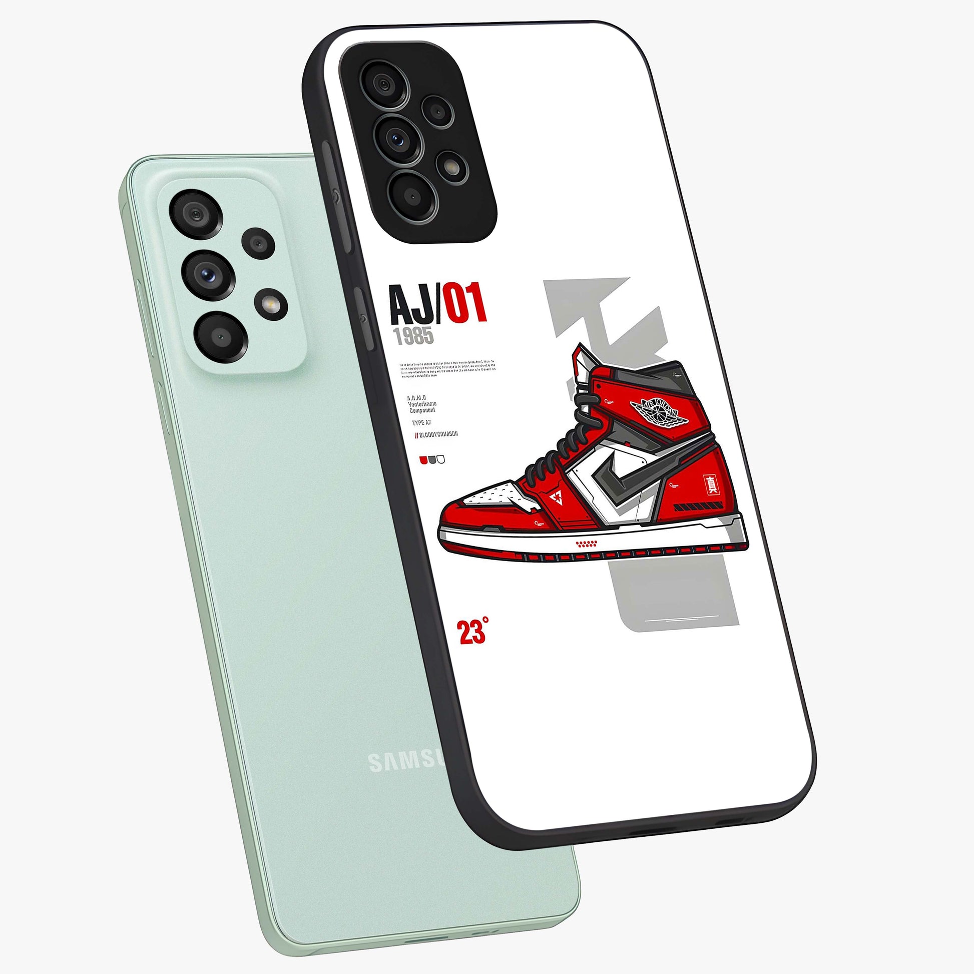 Retro Sneaker Blueprint Glass Case displayed in angled mockup highlighting detailed shoe design with sporty retro aesthetic.