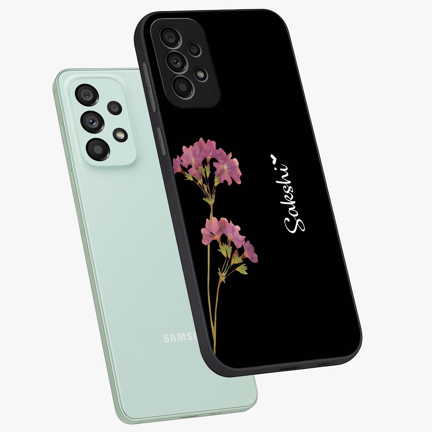 Riching Lavender Flower Custom Name Glass Case displayed in angled mockup highlighting delicate lavender flower design with custom name feature.