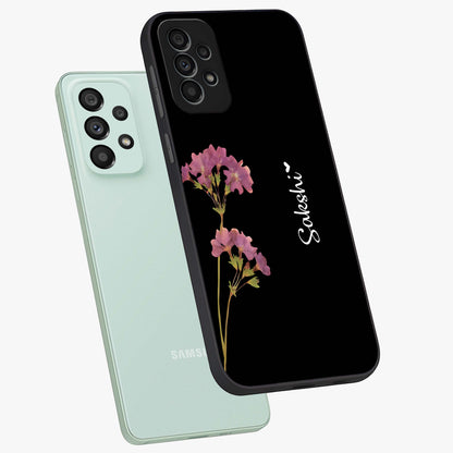 Riching Lavender Flower Custom Name Glass Case displayed in angled mockup highlighting delicate lavender flower design with custom name feature.