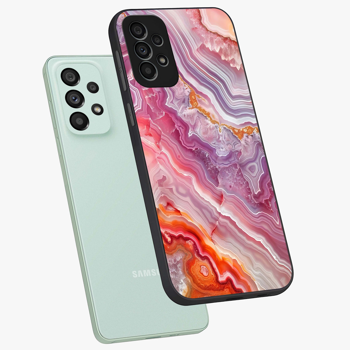 Rose Quartz Marble Glass Case displayed in angled mockup highlighting elegant marble pattern with soft aesthetic style.
