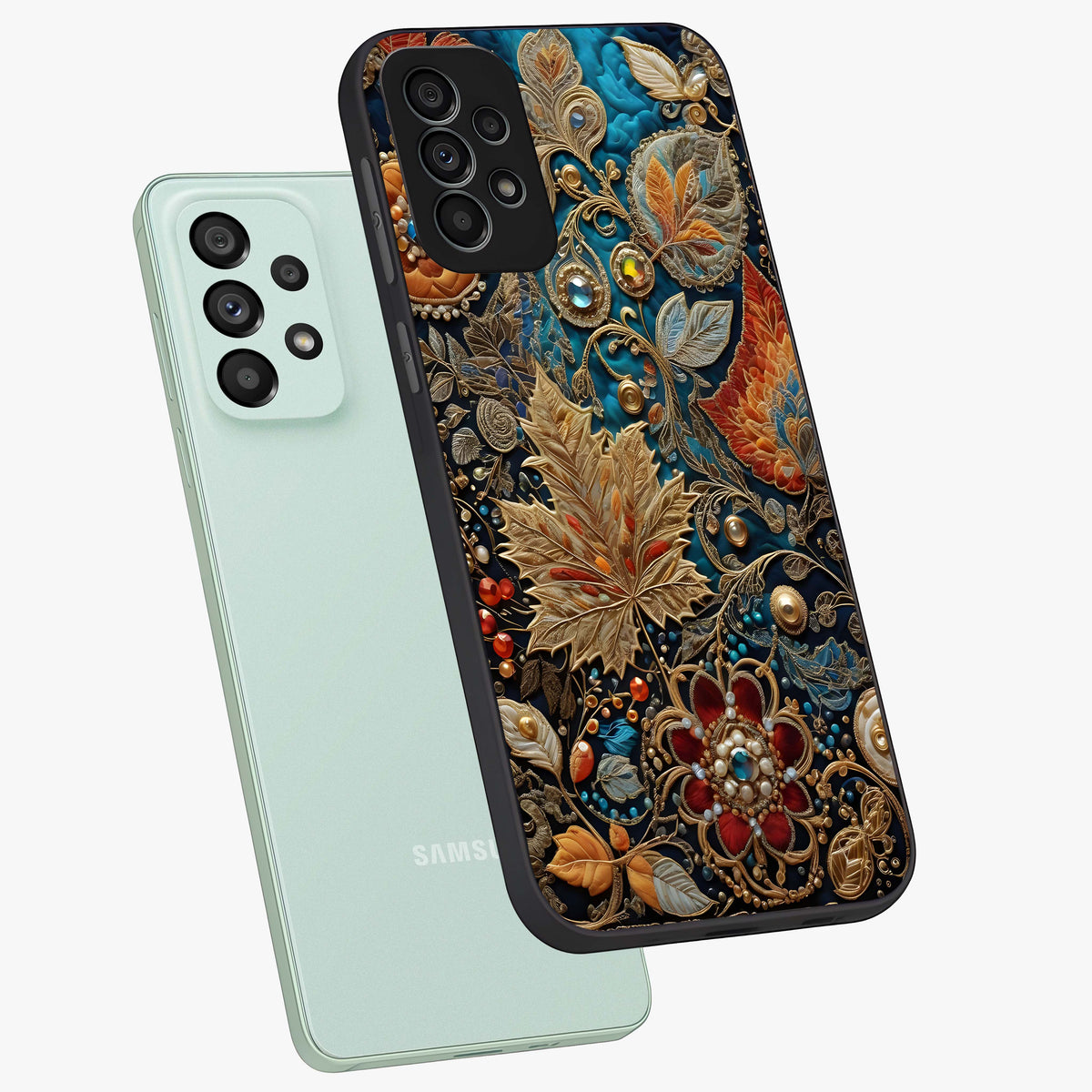 Royal Jewel Garden Glass Case displayed in angled mockup highlighting vibrant jewel inspired floral design with elegant aesthetic.