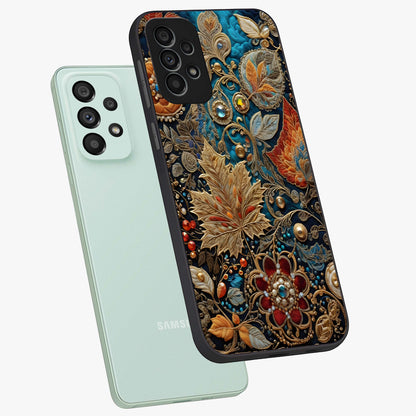 Royal Jewel Garden Glass Case displayed in angled mockup highlighting vibrant jewel inspired floral design with elegant aesthetic.