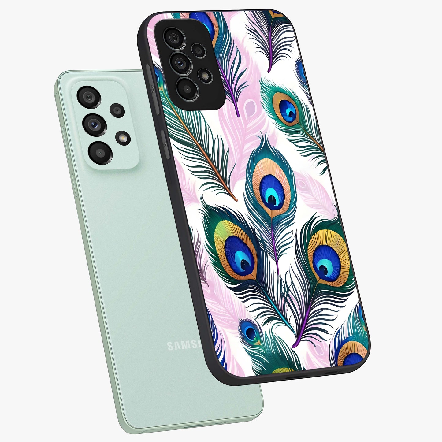 Royal Peacock Feathers Glass Case displayed in angled mockup highlighting vibrant feather pattern with regal aesthetic style.