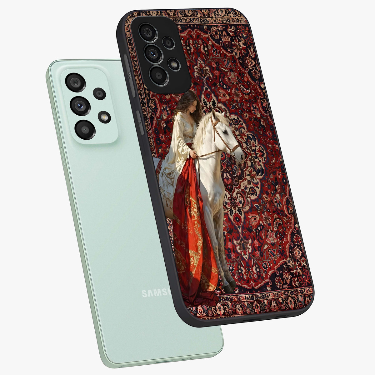 Royal Rider Tapestry Glass Case displayed in angled mockup highlighting traditional tapestry design with royal heritage aesthetic.