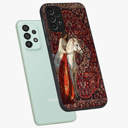 Royal Rider Tapestry Glass Case displayed in angled mockup highlighting traditional tapestry design with royal heritage aesthetic.