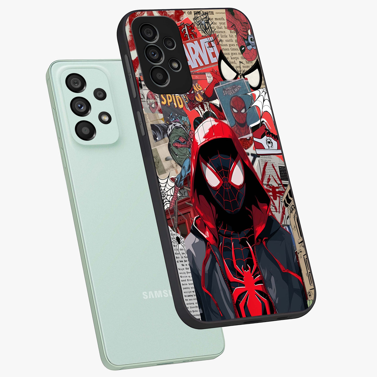 Spider Collage Street Glass Case displayed in angled mockup highlighting dynamic street style collage design with comic aesthetic.