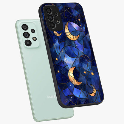 Starlit Sky Tapestry Glass Case displayed in angled mockup highlighting celestial night pattern with artistic aesthetic style.