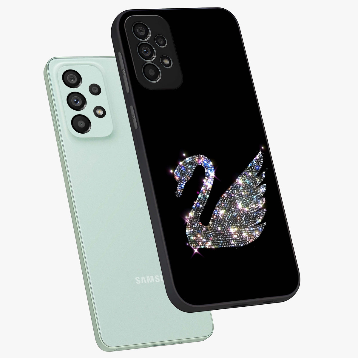 Starlit Swan Grace Glass Case displayed in angled mockup highlighting elegant swan illustration with dreamy celestial aesthetic.