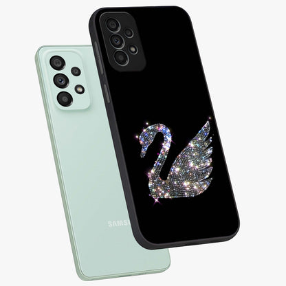 Starlit Swan Grace Glass Case displayed in angled mockup highlighting elegant swan illustration with dreamy celestial aesthetic.