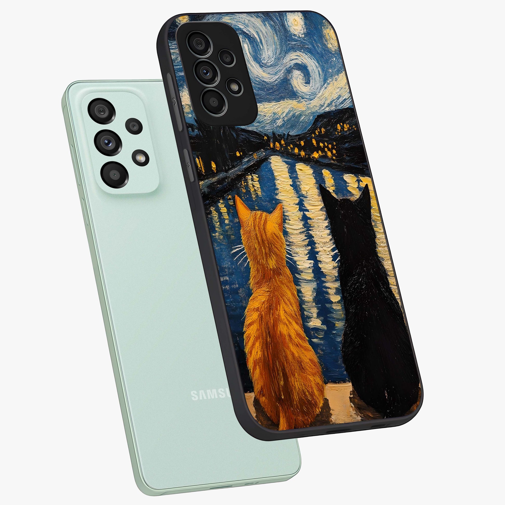Starry River Cats Glass Case displayed in angled mockup highlighting charming feline illustration with dreamy night aesthetic.
