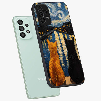 Starry River Cats Glass Case displayed in angled mockup highlighting charming feline illustration with dreamy night aesthetic.