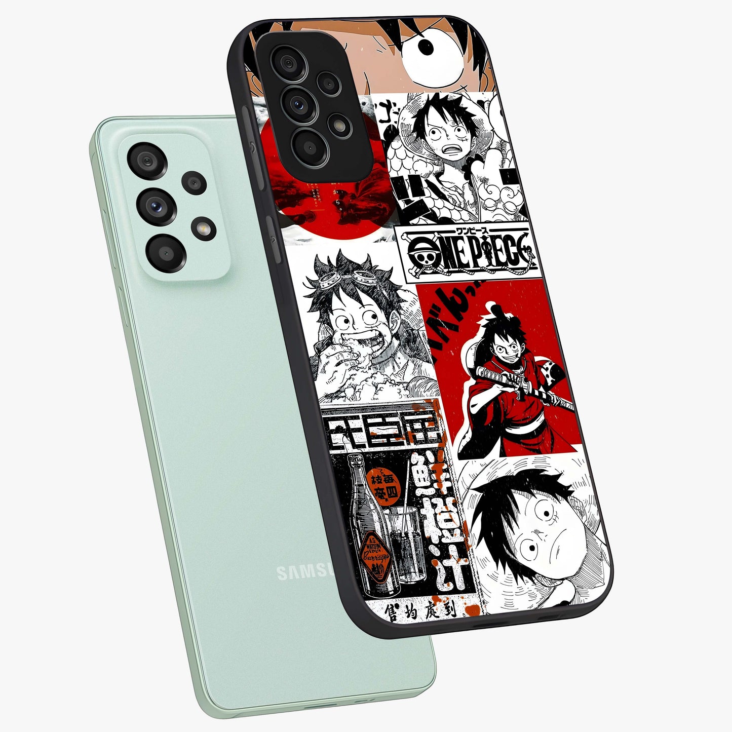 Strawhat Chaos Panels Glass Case displayed in angled mockup highlighting vibrant anime collage design with action aesthetic.