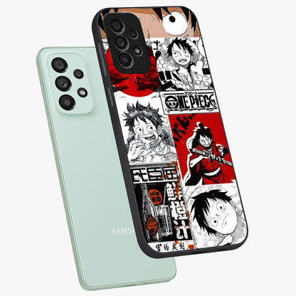 Strawhat Chaos Panels Glass Case displayed in angled mockup highlighting vibrant anime collage design with action aesthetic.