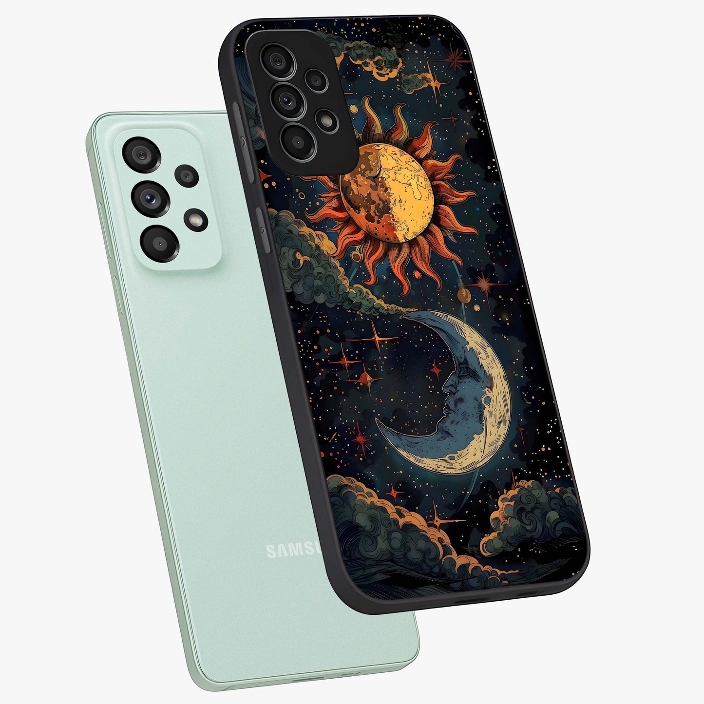 Sun And Moon Magic Design Glass Case displayed in angled mockup highlighting celestial design with magical cosmic aesthetic.