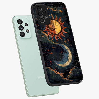 Sun And Moon Magic Design Glass Case displayed in angled mockup highlighting celestial design with magical cosmic aesthetic.