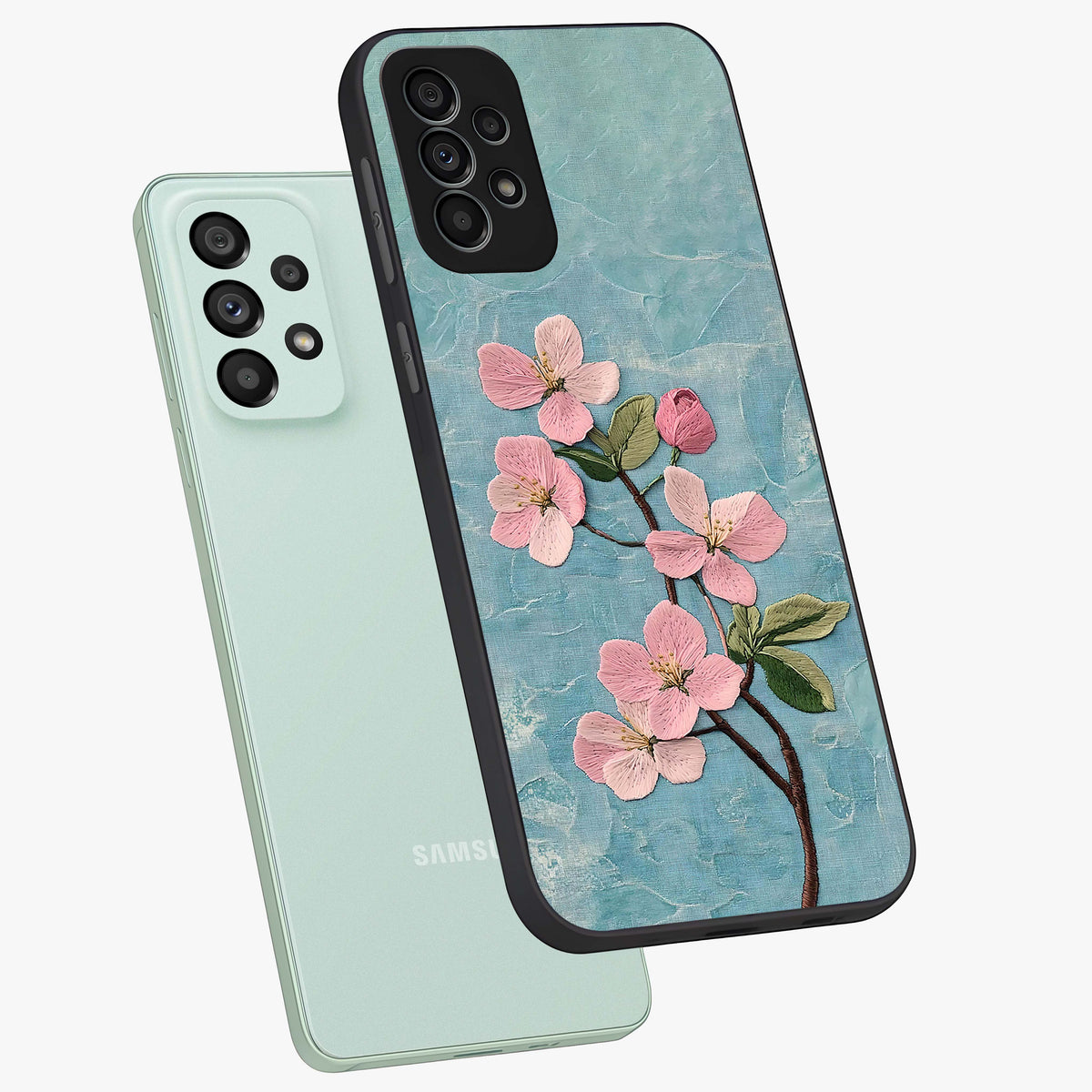 Threaded Blossom Breeze Glass Case displayed in angled mockup highlighting elegant floral design with soft aesthetic style.