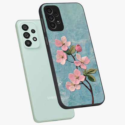Threaded Blossom Breeze Glass Case displayed in angled mockup highlighting elegant floral design with soft aesthetic style.