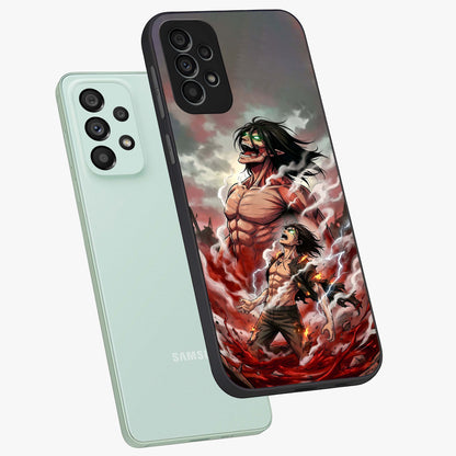 Titan Awakening Fury Glass Case displayed in angled mockup highlighting dramatic giant warrior design with bold anime aesthetic.
