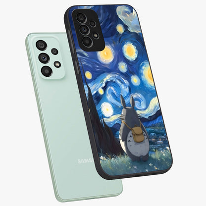 Totoro In Van Gogh Art Glass Case displayed in angled mockup highlighting artistic swirling sky design with playful animation aesthetic.