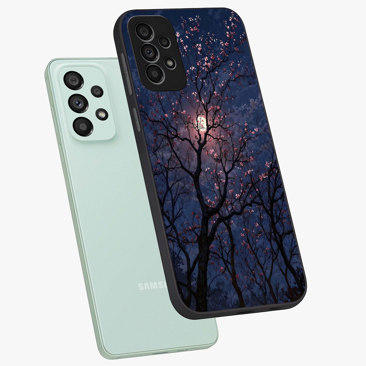 Twilight Sakura Serenade Glass Case displayed in angled mockup highlighting delicate sakura flower design with dreamy aesthetic.