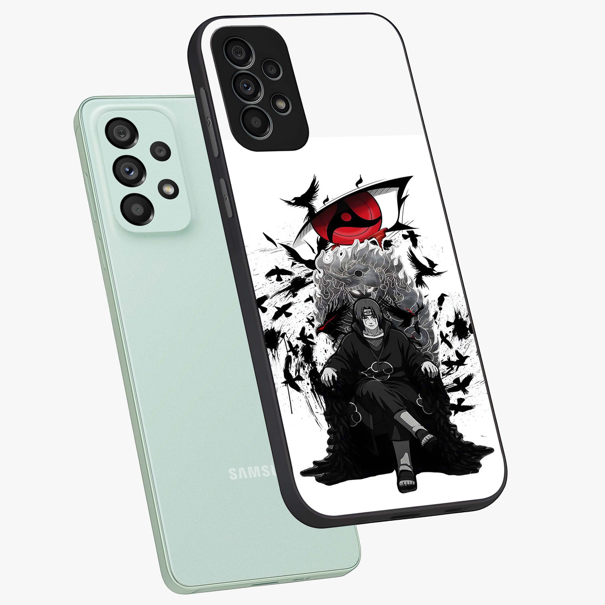 Uchiha Shadow Throne Glass Case displayed in angled mockup highlighting glowing aquatic design with celestial aesthetic.