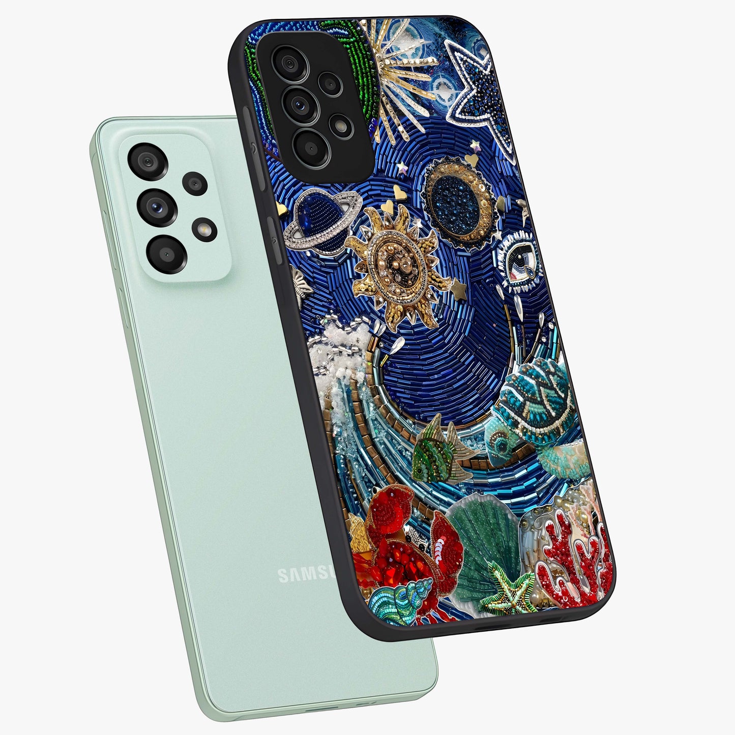 Universe Underwater Spark Glass Case displayed in angled mockup highlighting glowing aquatic design with celestial aesthetic.