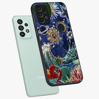 Universe Underwater Spark Glass Case displayed in angled mockup highlighting glowing aquatic design with celestial aesthetic.