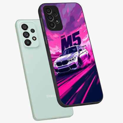 Velocity Drift Pulse Glass Case displayed in angled mockup highlighting dynamic drift design with sporty automotive aesthetic.