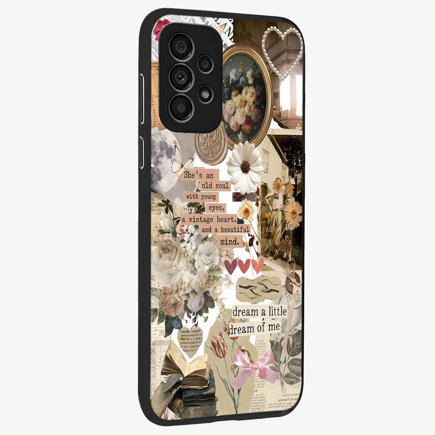 Aesthetic Brown Vintage Collage Glass Case upright view showcasing nostalgic retro artwork with stylish vintage theme.