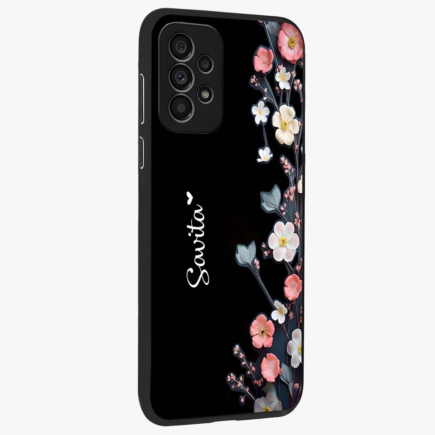 Black Elegance Floral Custom Name Glass Case upright view showcasing luxurious black floral design with personalized name detail.