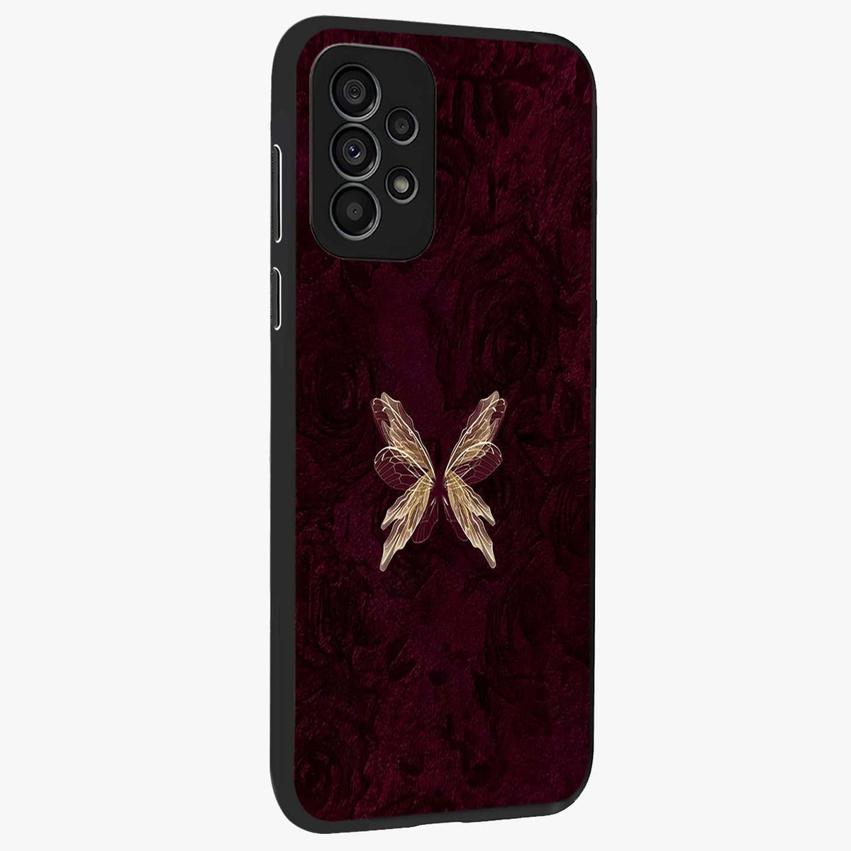 Crimson Fade Butterfly Glass Case upright view showcasing graceful butterfly artwork with soft crimson fade effect.