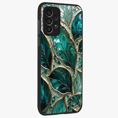 Emerald Leaf Glass Glass Case upright view showcasing fresh green leaf artwork with calming nature inspired style.