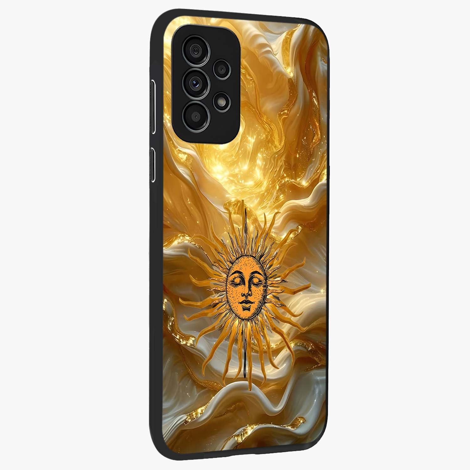 Eternal Golden Glow Glass Case upright view showcasing luminous golden artwork with luxurious visual theme.