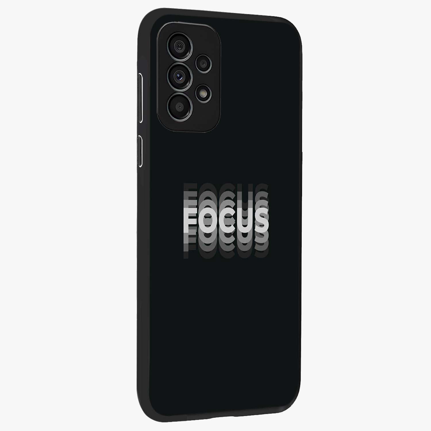Focus Mode On Glass Case upright view showcasing strong typography statement with sleek motivational theme.